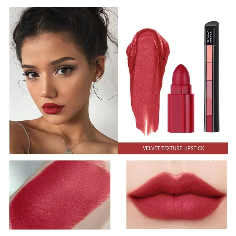 5 in 1 Lipstick Matte Waterproof Lip Gloss Colorfast Lipsticks Lip Gloss Cosmetics Moisturizing Professional Lip Makeup Gift