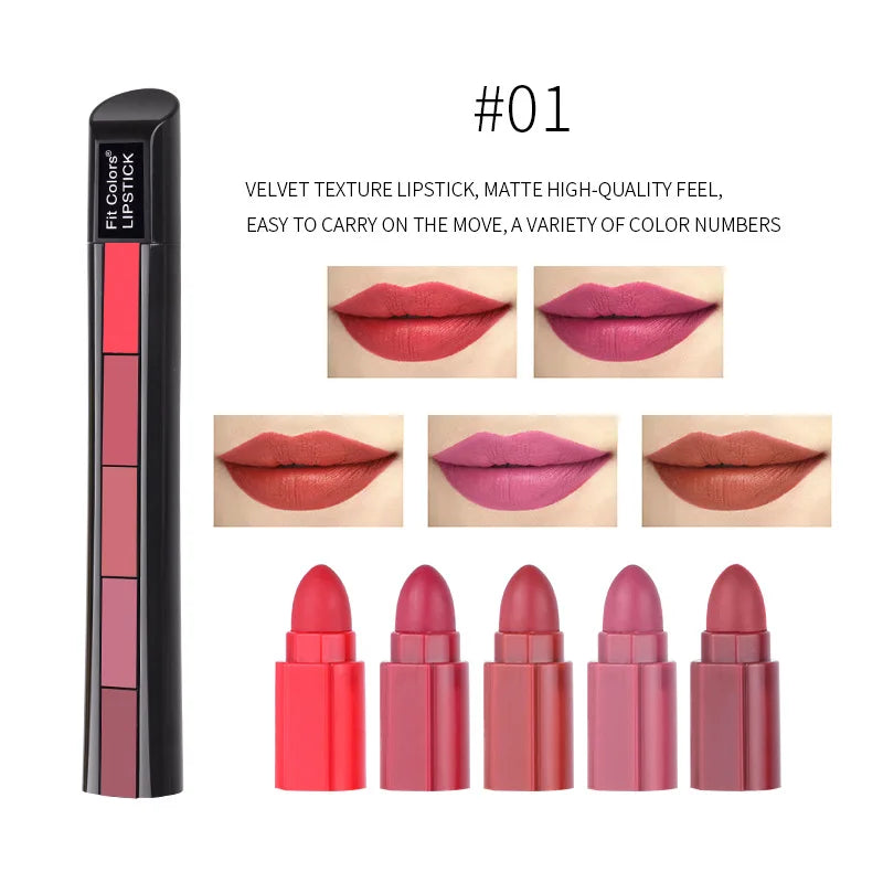 5 in 1 Lipstick Matte Waterproof Lip Gloss Colorfast Lipsticks Lip Gloss Cosmetics Moisturizing Professional Lip Makeup Gift