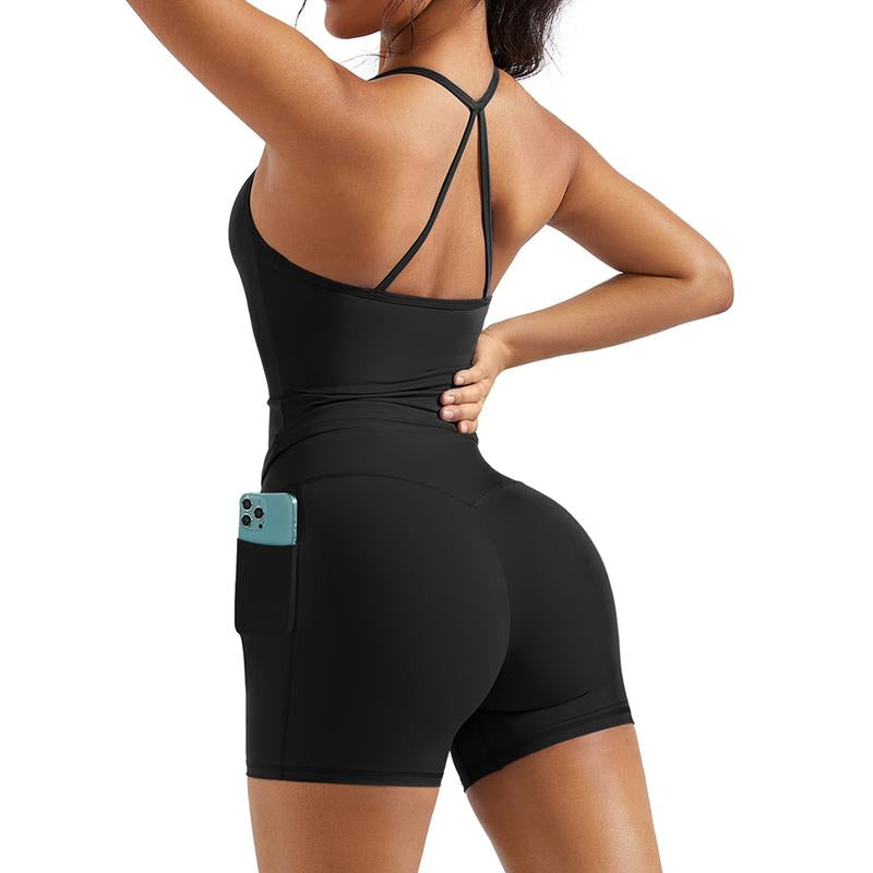 OMKAGI Workout Sets for Women Y Back Sports Bra Tank Booty Biker Shorts with Pockets
