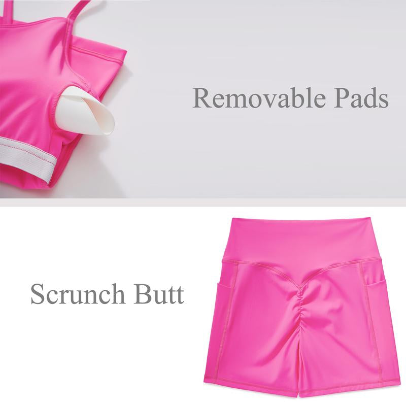 OMKAGI Workout Sets for Women Y Back Sports Bra Tank Booty Biker Shorts with Pockets