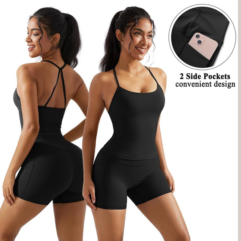 OMKAGI Workout Sets for Women Y Back Sports Bra Tank Booty Biker Shorts with Pockets