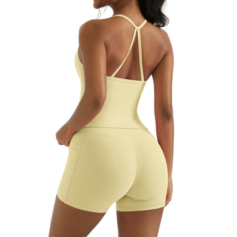 OMKAGI Workout Sets for Women Y Back Sports Bra Tank Booty Biker Shorts with Pockets